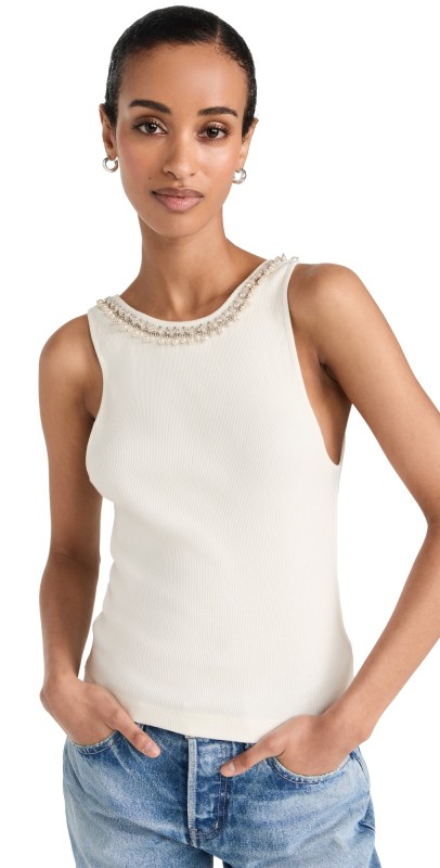 alice + olivia Kori Embellished Rib Tank Off White