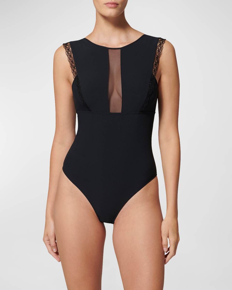 Rose Embroidered Tulle & Crepe Bodysuit