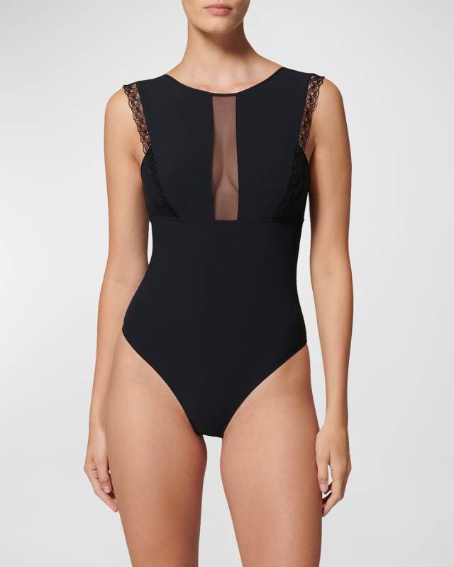 Rose Embroidered Tulle & Crepe Bodysuit