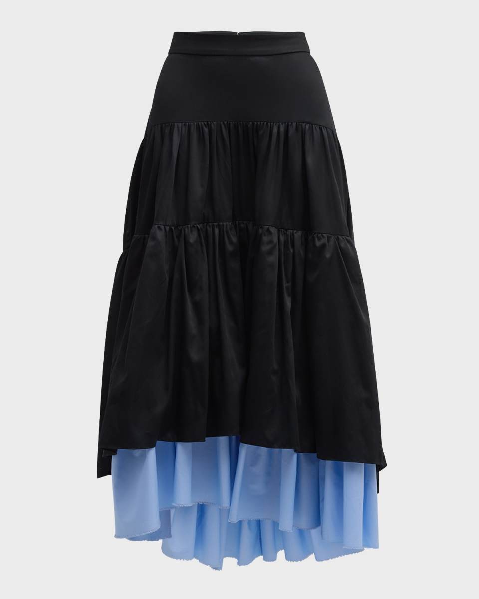 Alyssa Tiered Satin Cotton High-Low Skirt