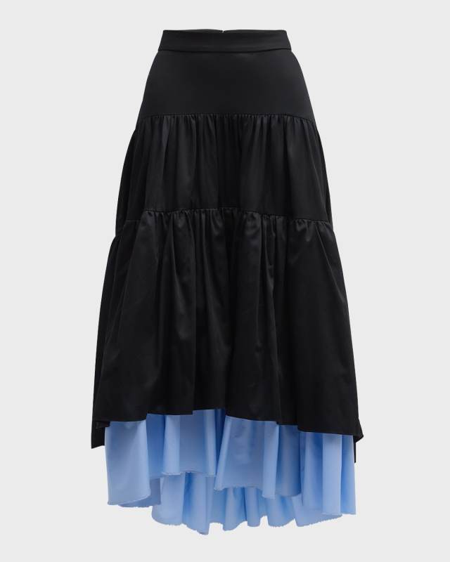 Alyssa Tiered Satin Cotton High-Low Skirt