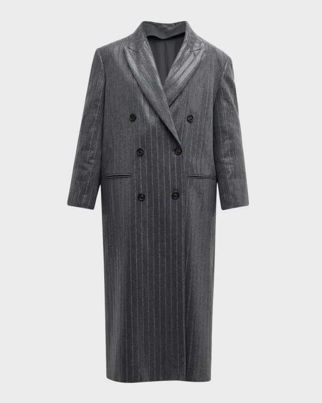 Wool Flannel Pinstripe Coat with Pailette Detail