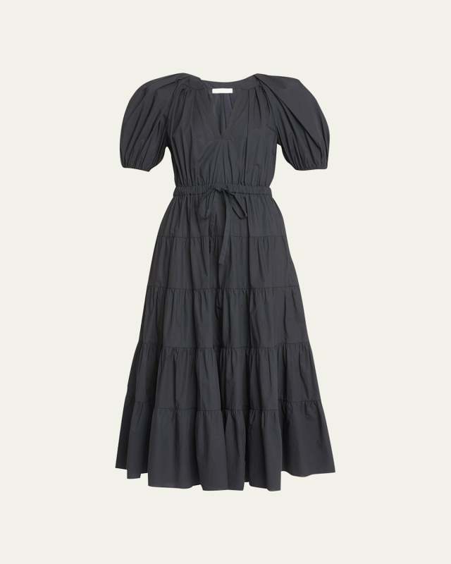 Olina Tiered Puff-Sleeve Midi Poplin Dress