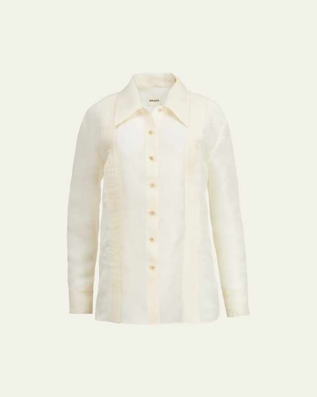 Nori Pleated Silk Button Down Top