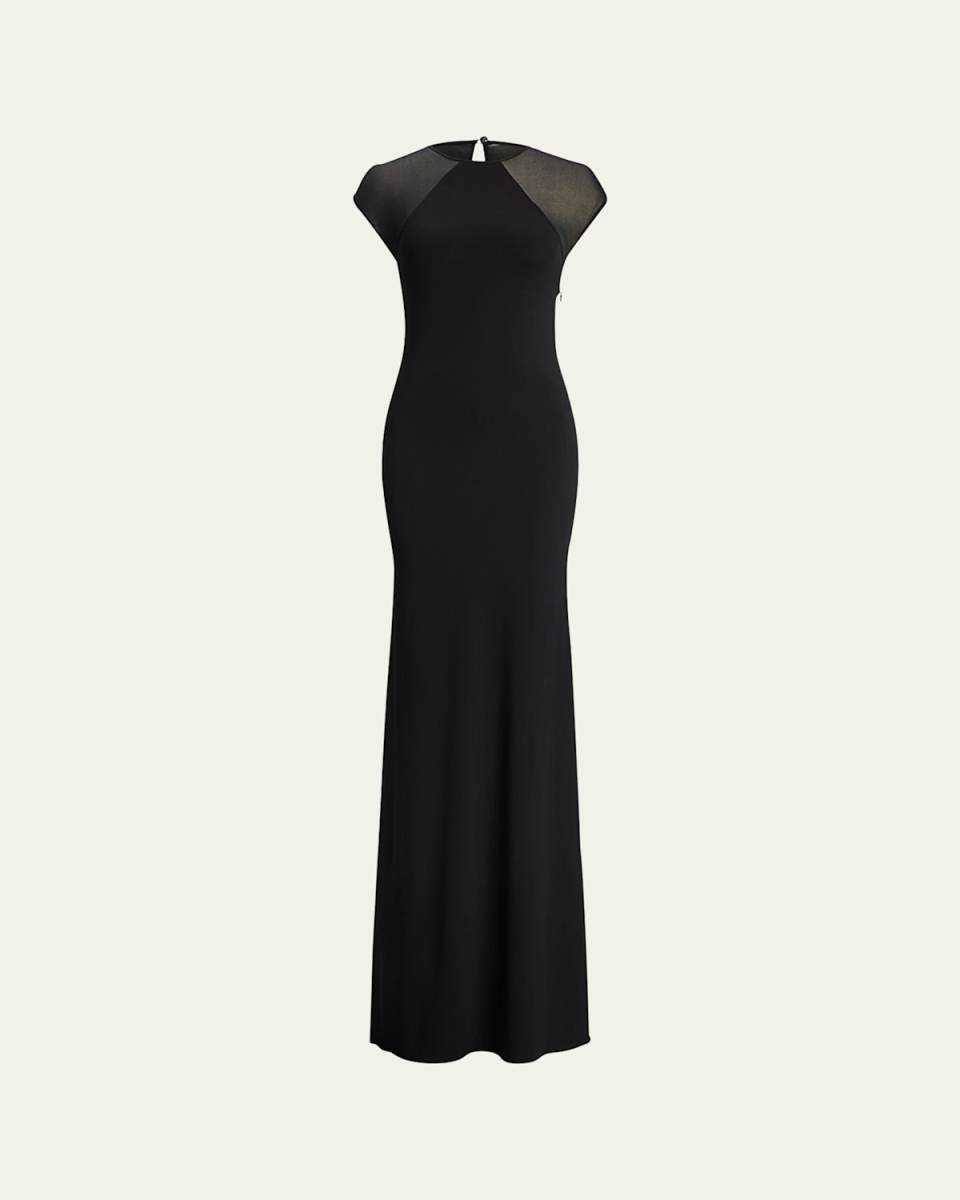 Sheer-Sleeve Jersey Column Maxi Dress