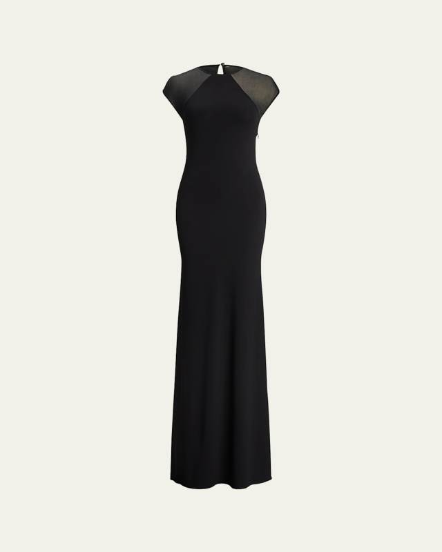 Sheer-Sleeve Jersey Column Maxi Dress