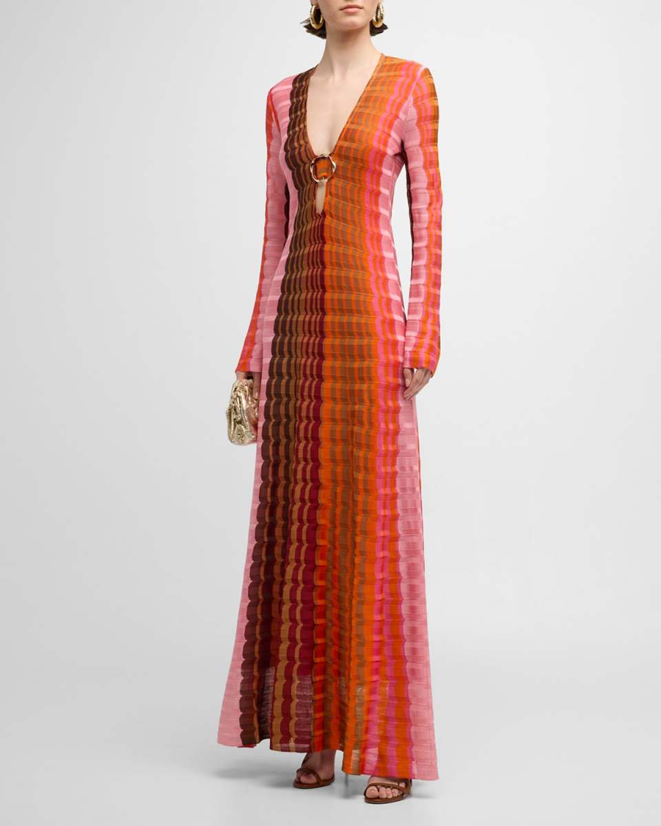 Vibe Wavy Knit Flared-Sleeve Maxi Dress