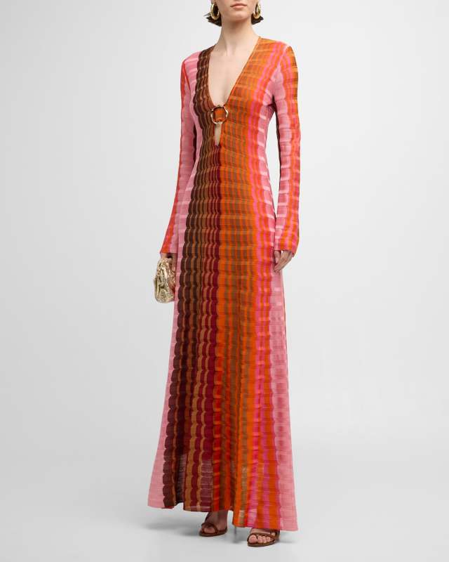 Vibe Wavy Knit Flared-Sleeve Maxi Dress