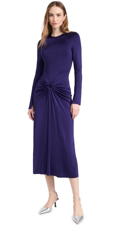 Victoria Beckham Long Sleeve Gathered Midi Dress Ultraviolet