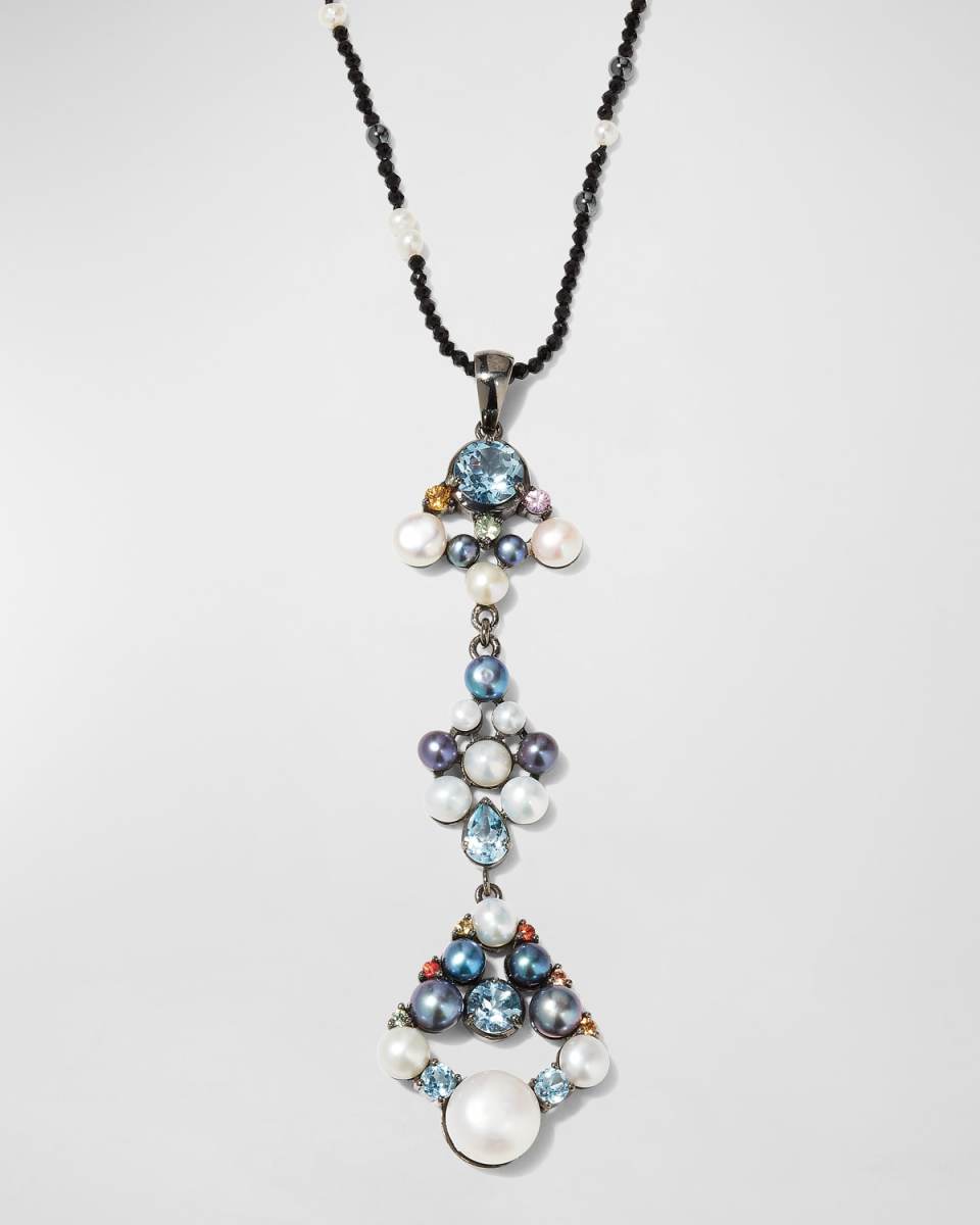 Pearl Dangle 3-Drop Necklace with Sapphires and Topaz