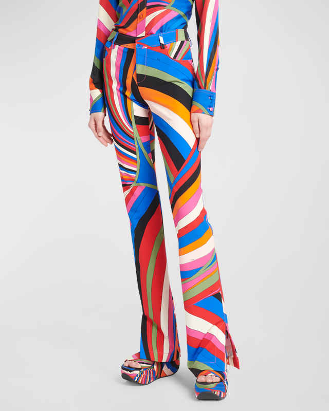 Mid-Rise Abstract-Print Straight-Leg Slit-Hem Trousers