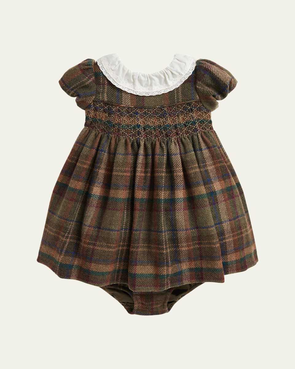 Girl's Plaid-Print Smocked Dress W/ Bloomers, Size 9M-