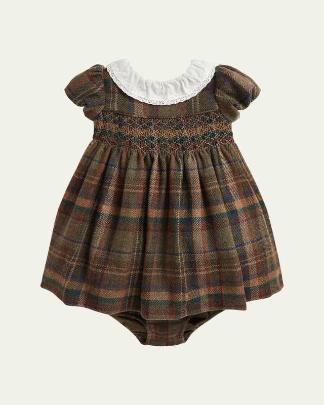 Girl's Plaid-Print Smocked Dress W/ Bloomers, Size 9M-