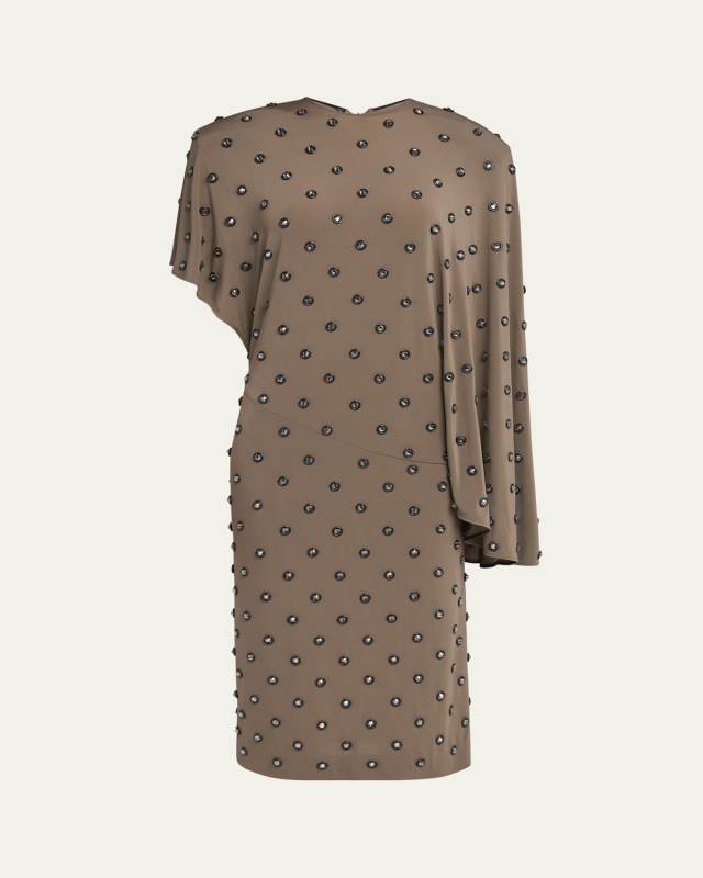 Crystal Studded Draped Jersey Midi Dress