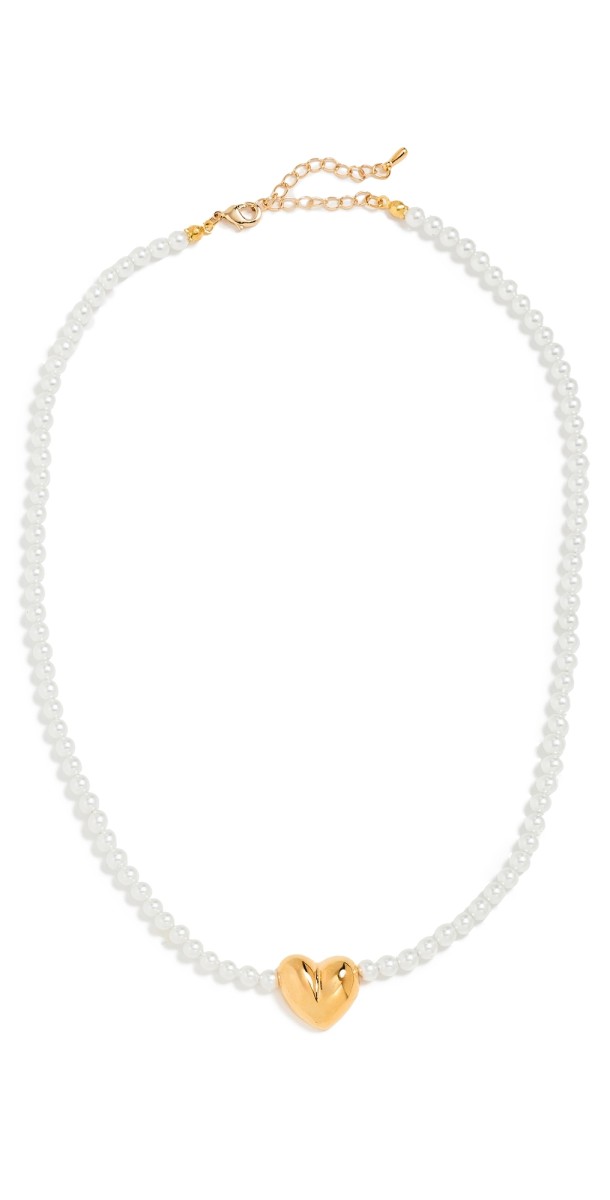 By Adina Eden Puffy Heart X Pearl Necklace Gold