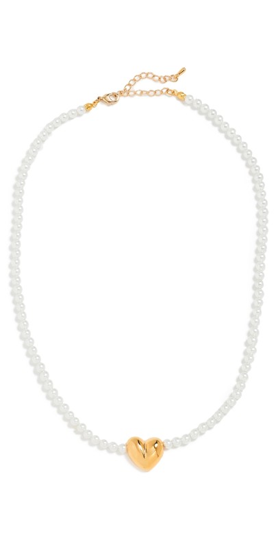 By Adina Eden Puffy Heart X Pearl Necklace Gold