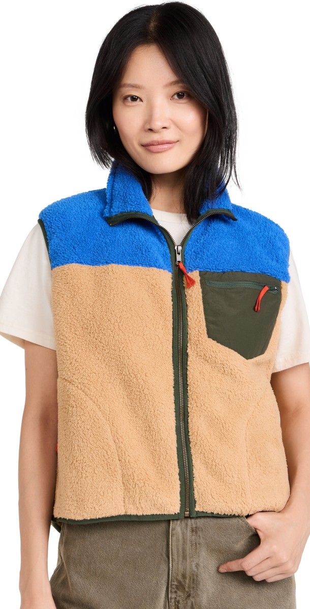 THE GREAT Outdoors The Plush Colorblock Terrain Vest Ocean Blue And Fawn
