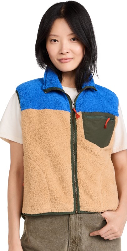 THE GREAT Outdoors The Plush Colorblock Terrain Vest Ocean Blue And Fawn