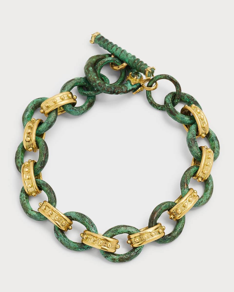 18K Yellow Gold Artifact Link Bracelet in Teal Patina with Toggle and Sapphires