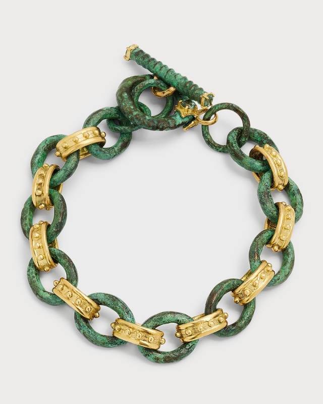 18K Yellow Gold Artifact Link Bracelet in Teal Patina with Toggle and Sapphires