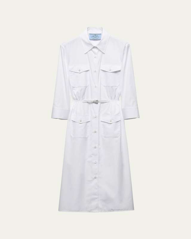 Button Down Belted Poplin Midi Shirt Dress