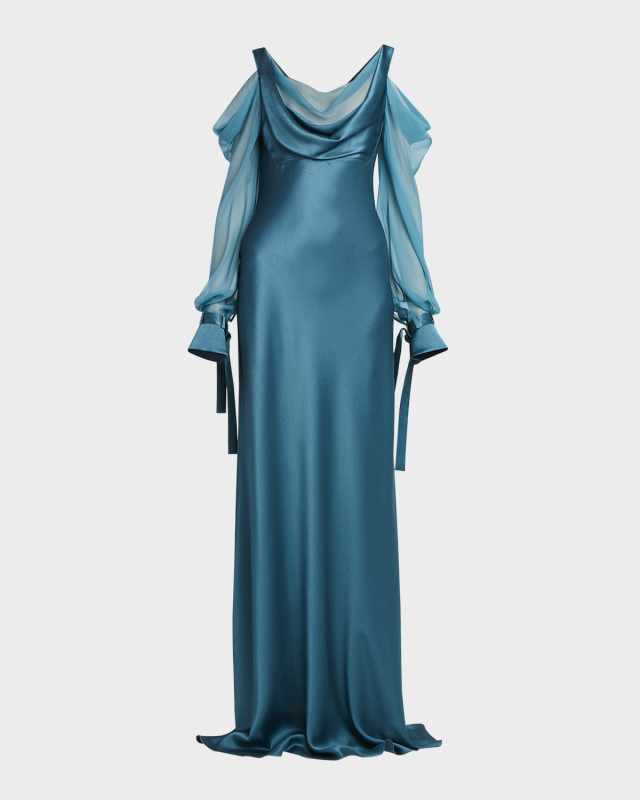 Cold-Shoulder Cowl Satin Gown