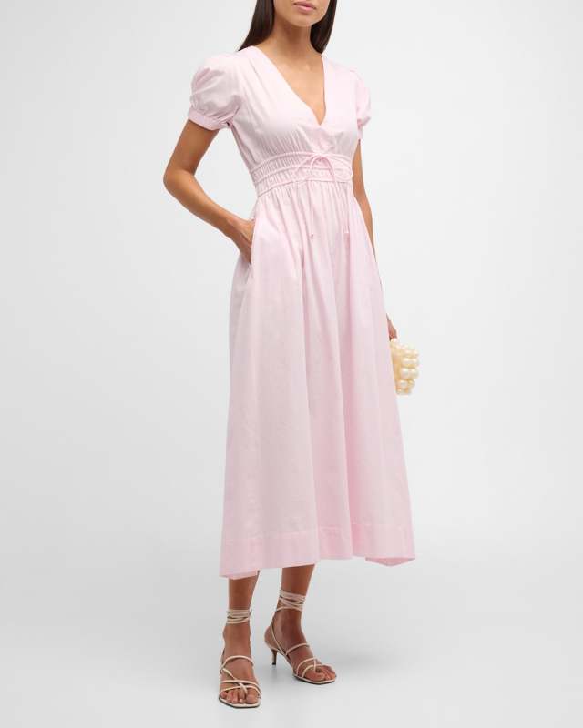 Sabela Puff-Sleeve Cotton Poplin V-Neck Midi Dress