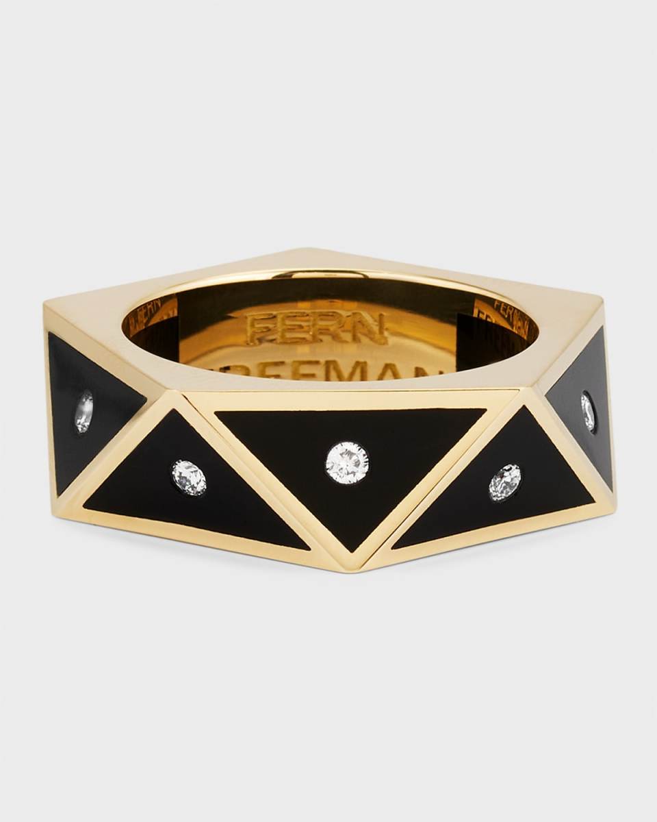 18K Yellow Gold Black Ceramic Pentagon Ring with Diamonds, Size 7