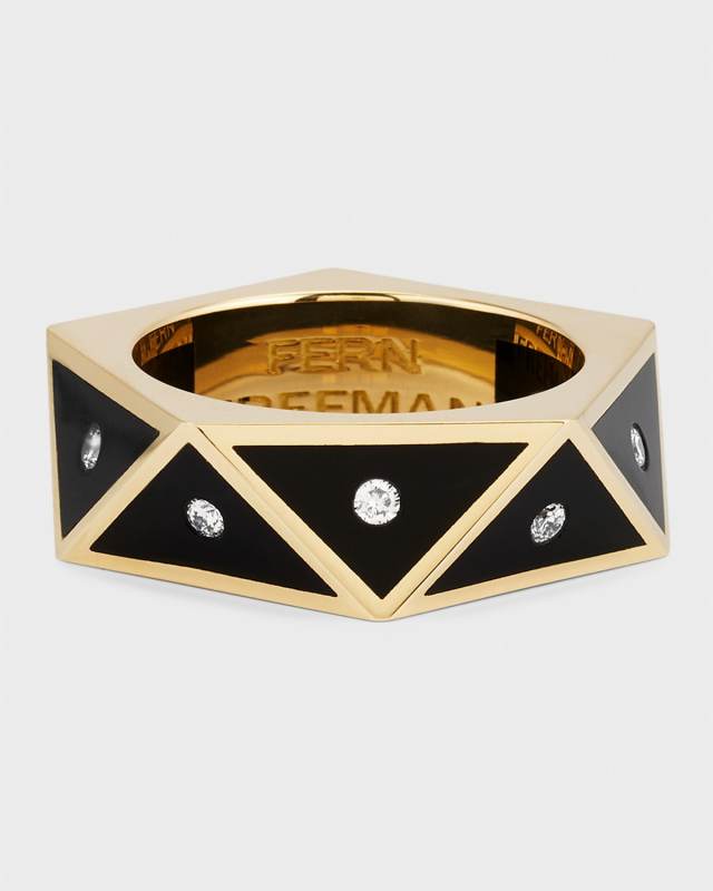 18K Yellow Gold Black Ceramic Pentagon Ring with Diamonds, Size 7
