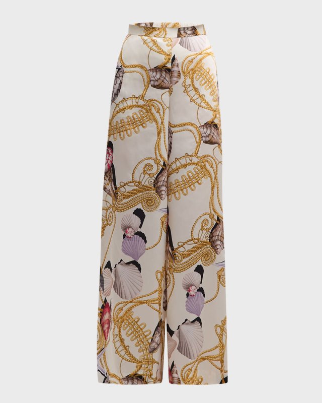 Virginia Shell-Print Wide-Leg Pants