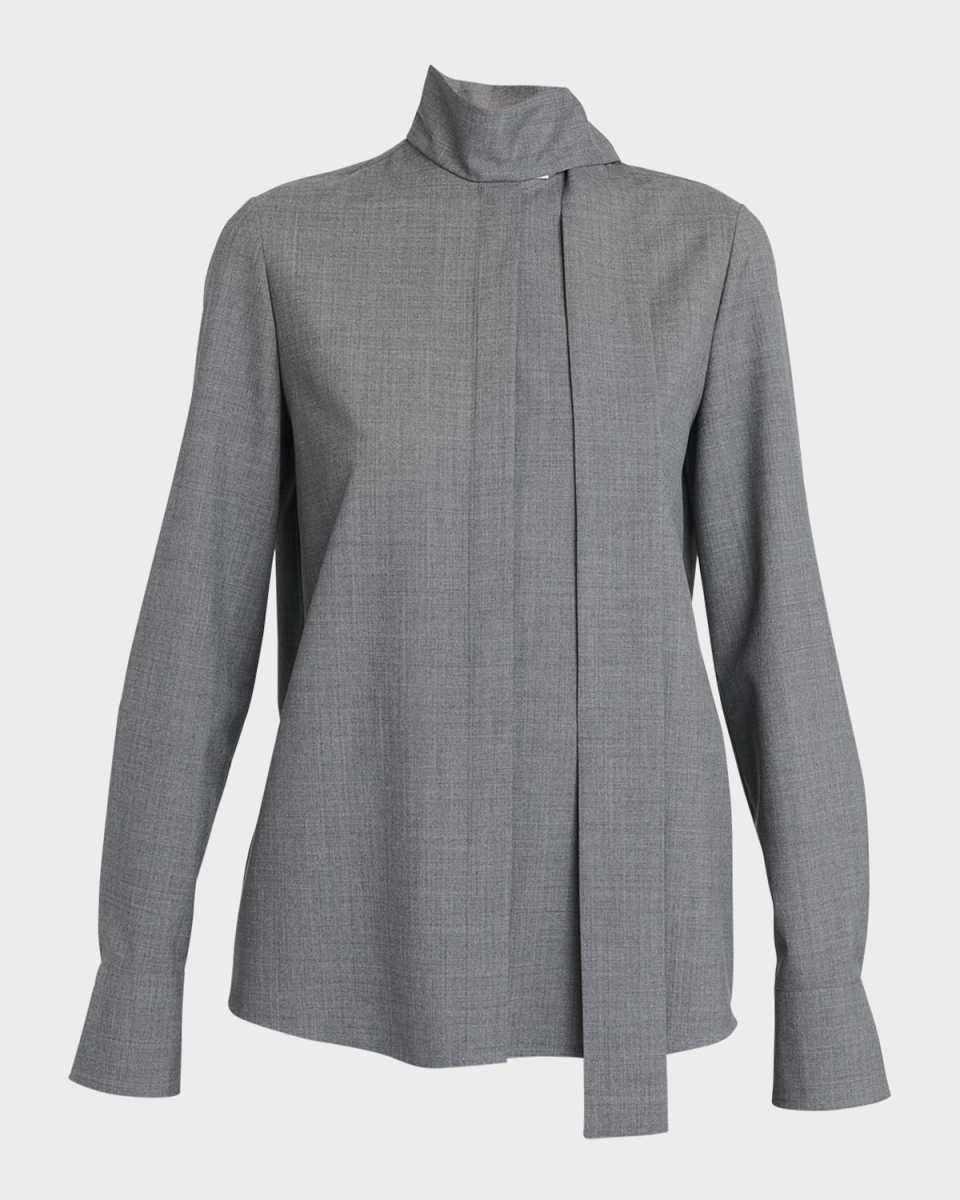 Solid Superfine Wool Blouse with Tie Neckline