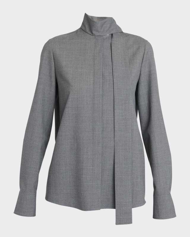 Solid Superfine Wool Blouse with Tie Neckline