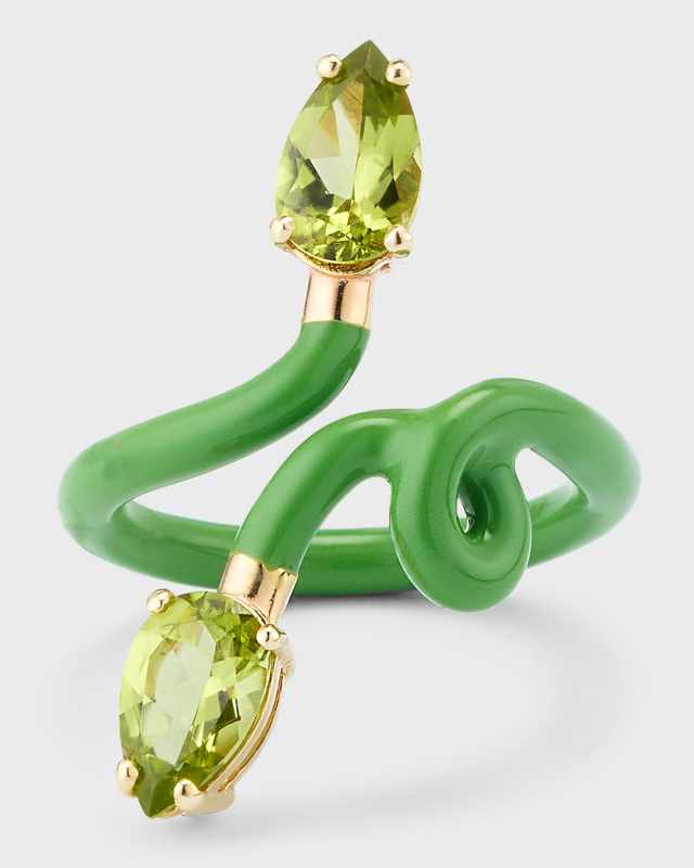 Double Vine Tendril Ring with Green Enamel and Drop-Cut Peridot
