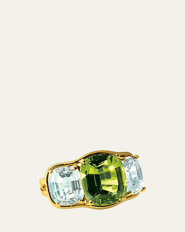 18K Yellow Gold Peridot and Blue Topaz 3 Stone Ring, Size
