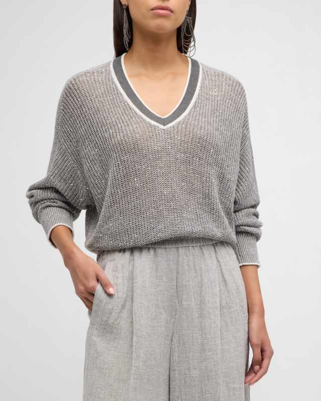 V-Neck Linen Paillette Knit Varsity Sweater
