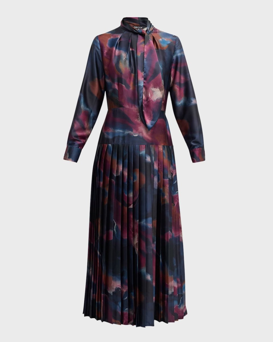 Tie-Neck Pleated A-Line Maxi Dress - Heritage Fit