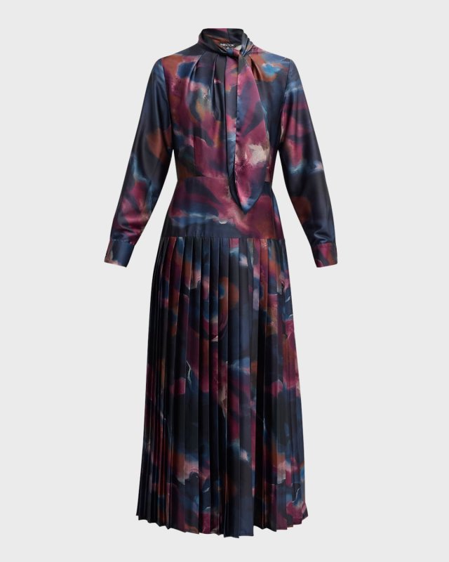 Tie-Neck Pleated A-Line Maxi Dress - Heritage Fit