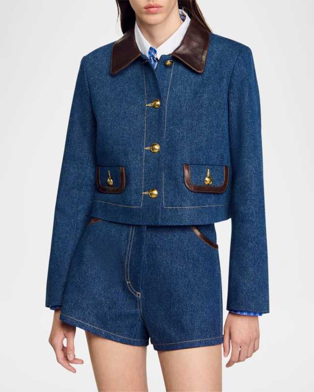 Sierra Leather-Trim Denim Blazer