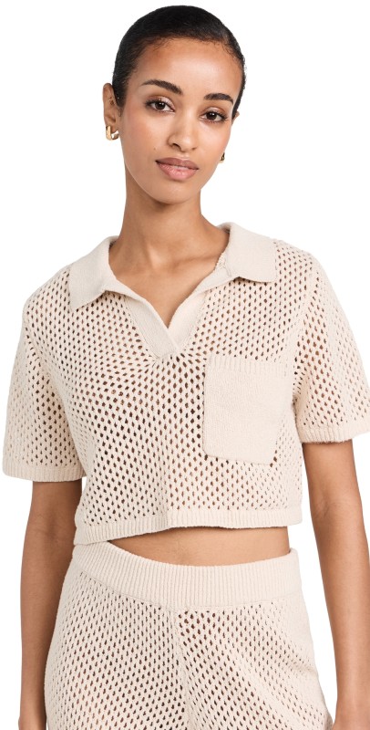Onia Crochet Knit Cropped Polo Sandshell