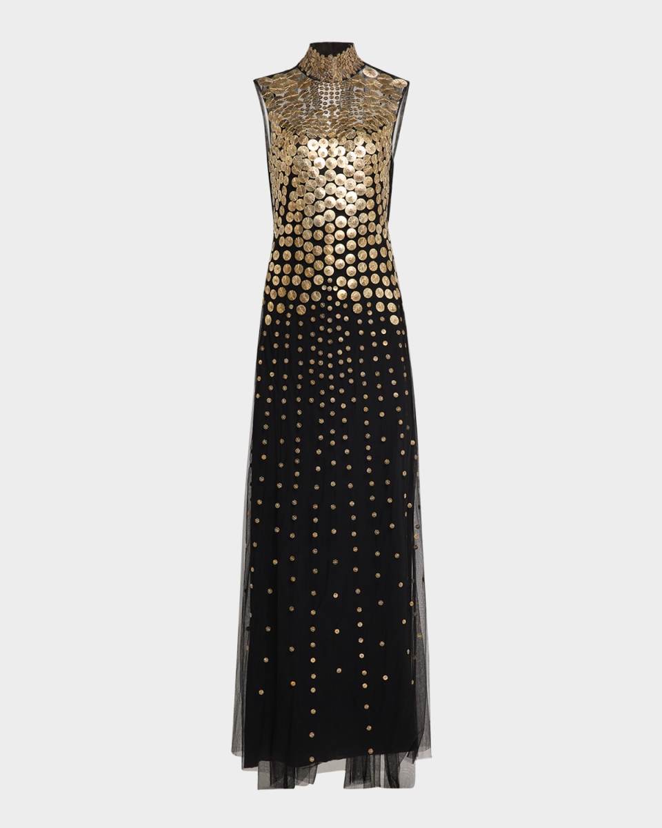 Coin Embroidered Sleeveless Tulle Gown