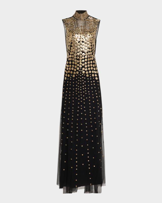 Coin Embroidered Sleeveless Tulle Gown