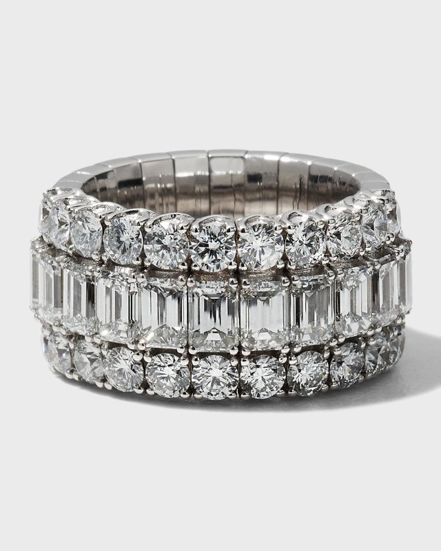 White Gold Xpandable Emerald-Cut and Round Diamond Half-Way Ring