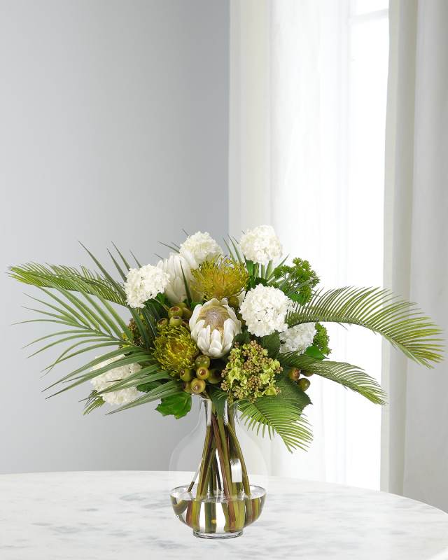 Proteas & Hydrangeas 21" Faux Floral Arrangement in Glass Vase