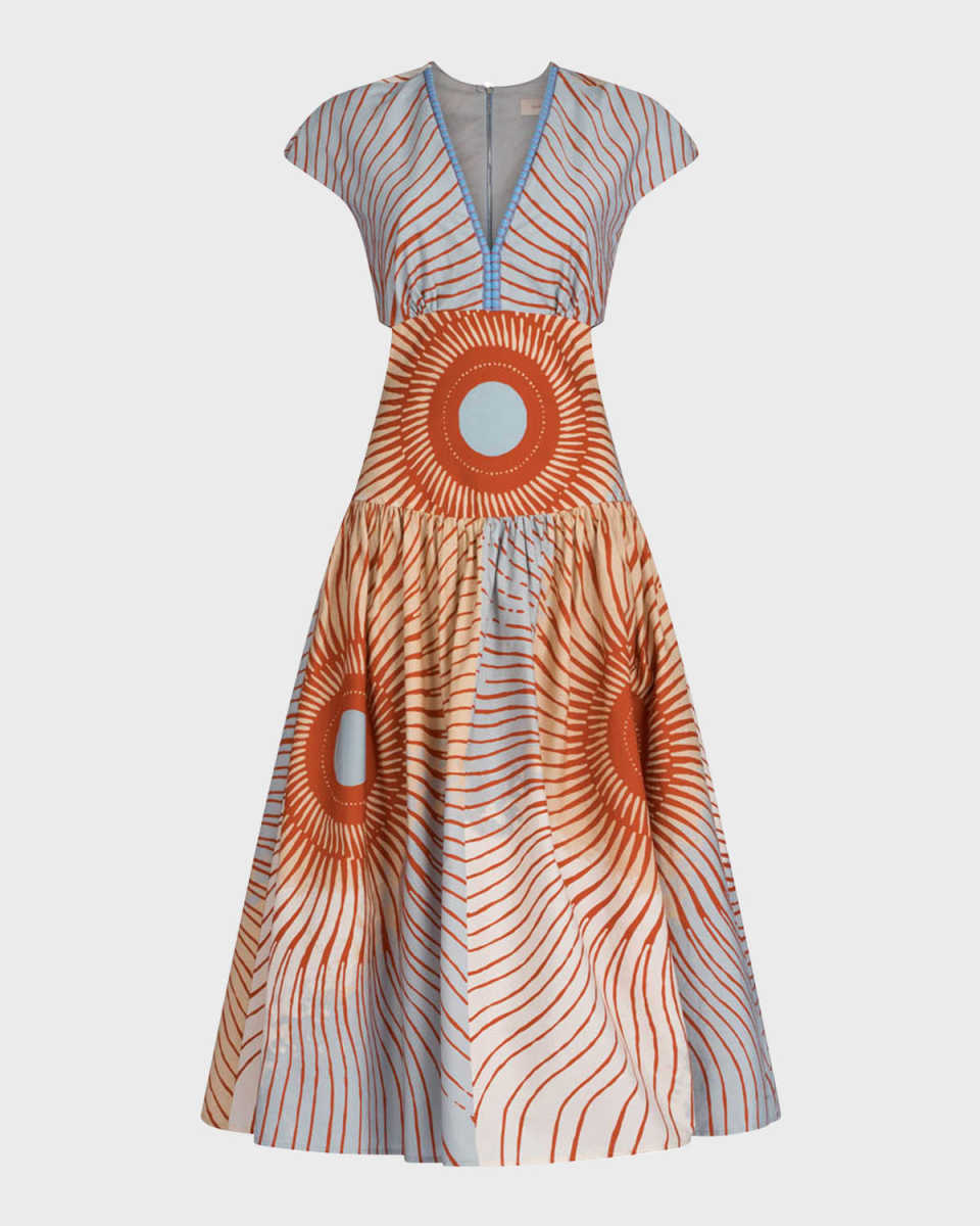 Cecile Sunburst-Print Cutout Midi Dress