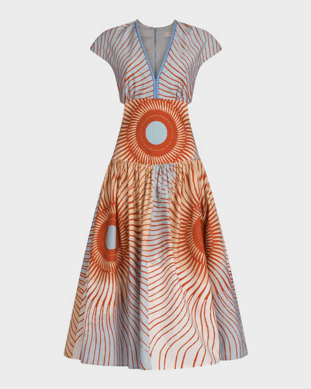 Cecile Sunburst-Print Cutout Midi Dress