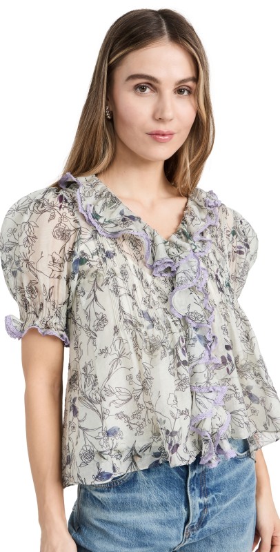 English Factory Abstract Floral Print Ruffle Top Ivory Multi