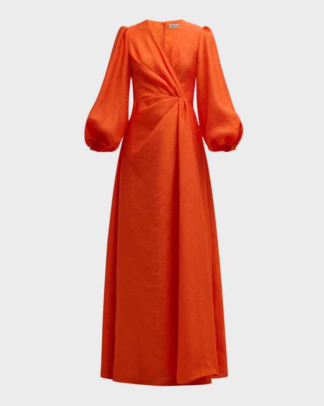 Eden Pleated Blouson-Sleeve Jacquard Gown