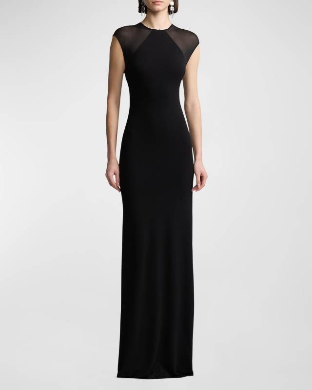 Sheer-Sleeve Jersey Column Maxi Dress