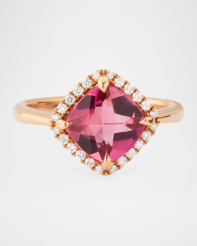 Rocks 18K Rose Gold Cushion Cut Pink Tourmaline and Diamond Halo Cocktail Ring, Size
