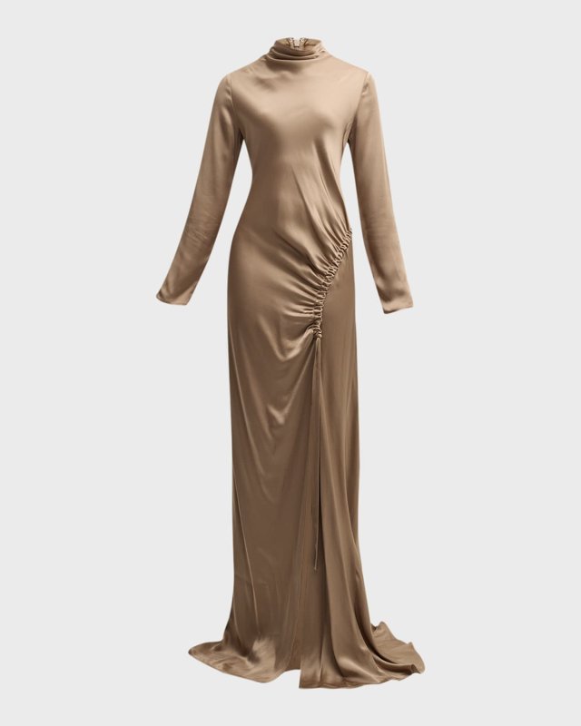 Long-Sleeve Ruched Slit-Hem Double-Face Satin Bias Gown